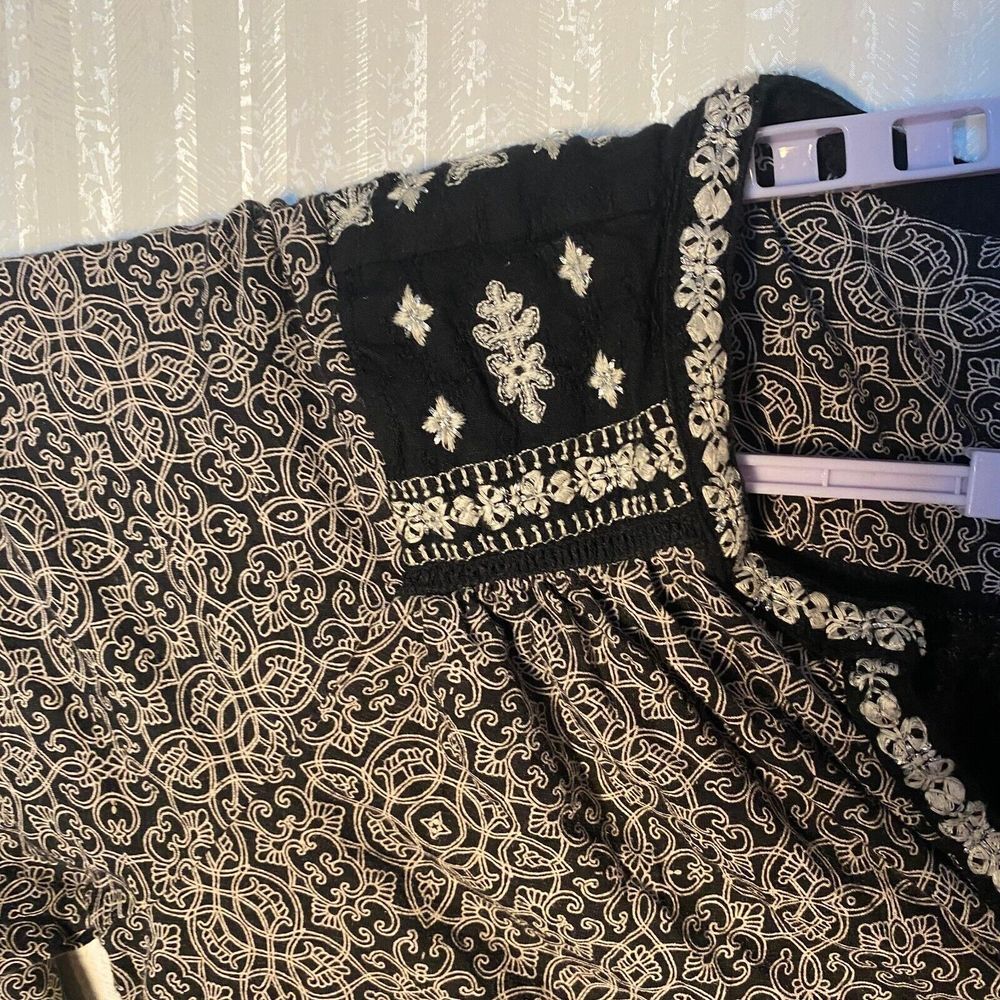 Lucky Brand Shirt Women's Size 1X Black White Boho Print 3/4 Sleeve V Neck - Picture 5 of 16